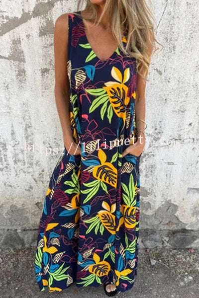 Botanical Print V-Neck Pocket Loose Casual Maxi Dress