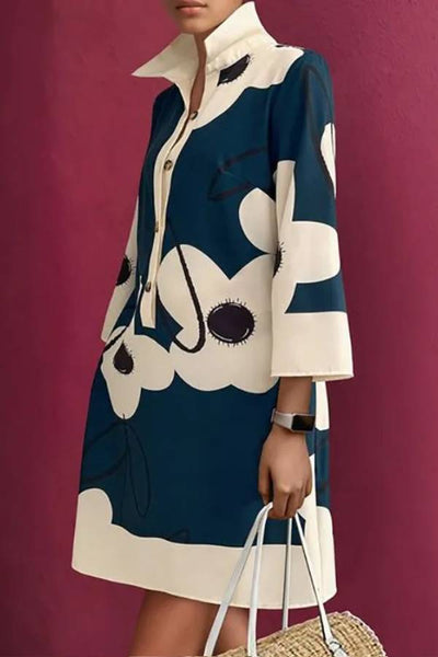 Women's Three-Quarter Sleeves Printed Lapel Shirt Dress