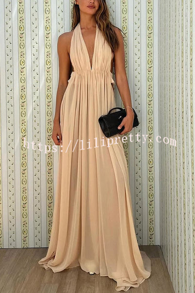 Ethereal Moment Tulle Cutout Ruched Waist Backless Halter Maxi Dress