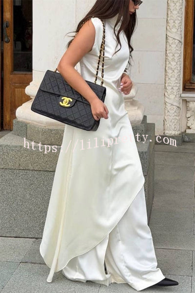 Kallena Satin High Neck Irregular Sleeves Midi Top and High Rise Pocket Loose Pants Set