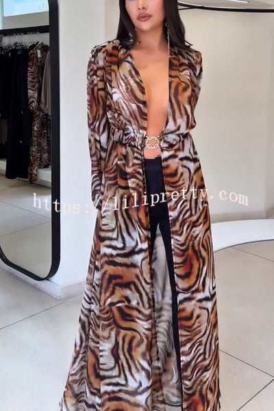Adrenia Leopard Print Long Sleeve Metal Buckle Elastic Waist Cover-up Midi Coat