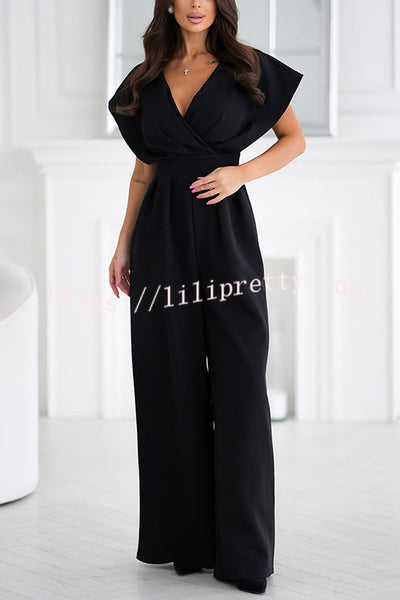 Solid Color V-neck Waist Casual Wide-leg Jumpsuit