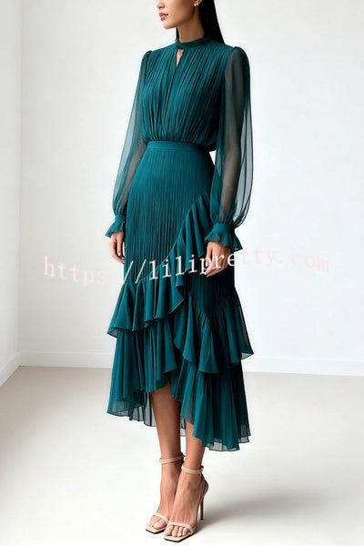 Solid Color Round Neck Long Sleeve Fitted Waist Pleated Ruffle Midi Dress