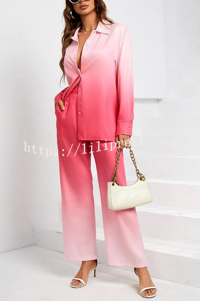 Gradient Long-sleeved Shirt Top and Loose-fitting Pocket Straight-leg Pants Set