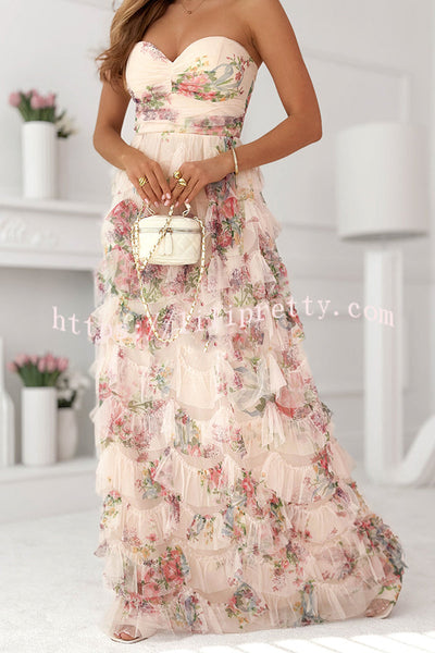Soraya Tulle Floral Print Off Shoulder Ruffles Tiered Hem Party Maxi Dress