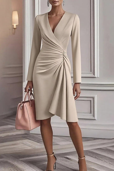 Solid Color V-neck Long-sleeved Waist-pleated Midi Dress