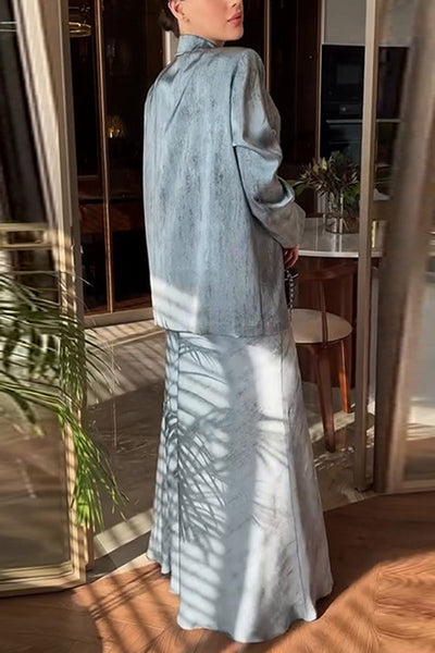 Stylish Lapel Long-sleeved Button-down Suit and Elegant Maxi Skirt Set