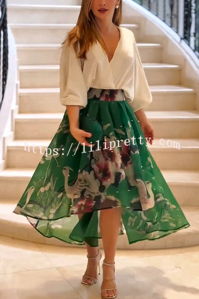 Tessy Batwing Sleeve Top and Floral Elastic Waist Pearls Detail High Low Midi Skirt Set