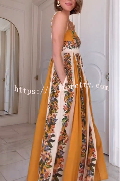 Bloom Bright Linen Blend Floral Print Beaded Shoulder Straps Pocket Maxi Dress