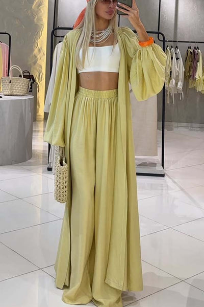 Beach Cottage Open Front Long Pleated Lantern Sleeve Long Cover-up Jacket
