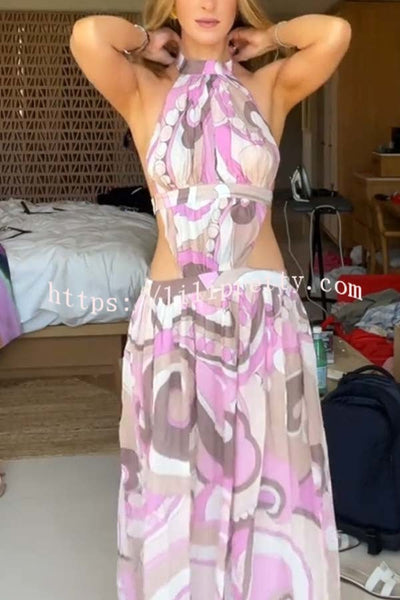 Tauni Unique Print Hollow Waist Backless Elastic Strap Halter Maxi Dress