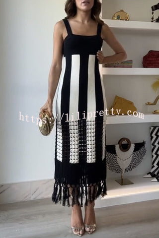 Elegant Piano Color Block Square Neck Wide Shoulder Straps Knit Fringed Midi Dress