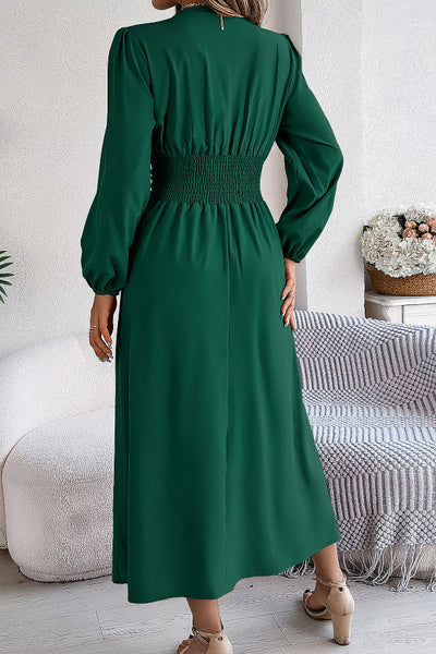 Solid Color V-neck Long-sleeved Fitted Waist Slit Elegant Midi Dress