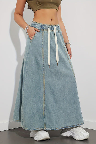 Fashion Elastic Waist Drawstring Casual Pocket Denim Maxi Skirt