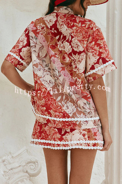 Floral Print Collared Short-sleeved Loose-fitting Shirt and Casual Floral Trim Mini Skirt Set