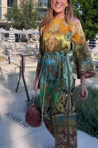 Paisley Print Tie-Waist Slit Maxi Kaftan Dress