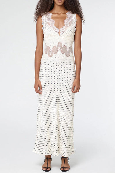 Wonderful Fusion Satin Lace Trim Poka Dot V-neck Drape Maxi Dress