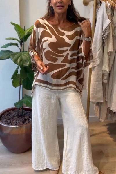 Irregular Print Round Neck Batwing Sleeve Chiffon Loose Top