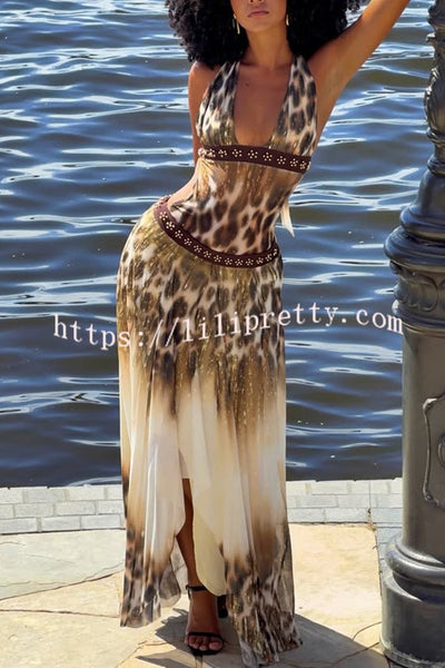 Wild Charm Gold Leopard Print Beaded Patchwork Halter Backless Maxi Dress