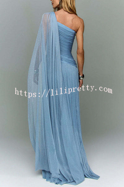 Maison Lurex Shimmer Ethereal One-Shoulder Draped Maxi Dress