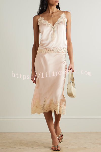 Celebration Look Contrast Color Satin Lace Trim Elastic Waist Drape Midi Skirt