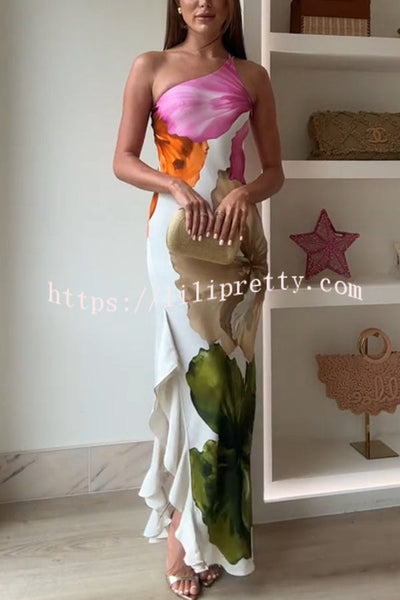 Love Filled Floral Print One Shoulder Side Ruffles Maxi Slip Dress