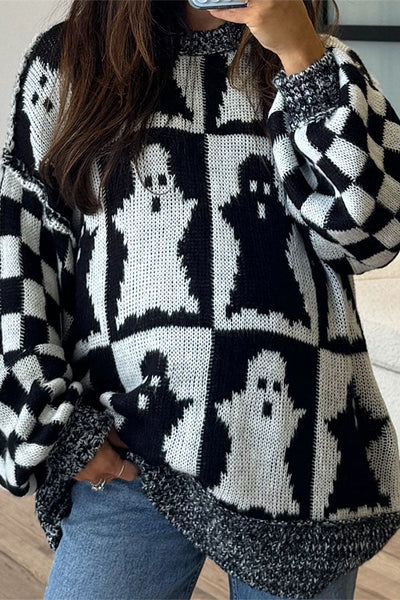 Halloween Ghost & Checkerboard Oversized Knit Sweater