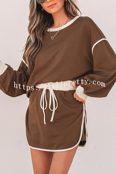 Fashion Round Neck Long Sleeve Spliced Casual Top and Elastic Waist Loose Shorts Set