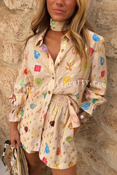 Fashionable Gold Stamping Unique Printing Lapel Long Sleeve Shirt and Elastic Waist Casual Pocket Shorts Set