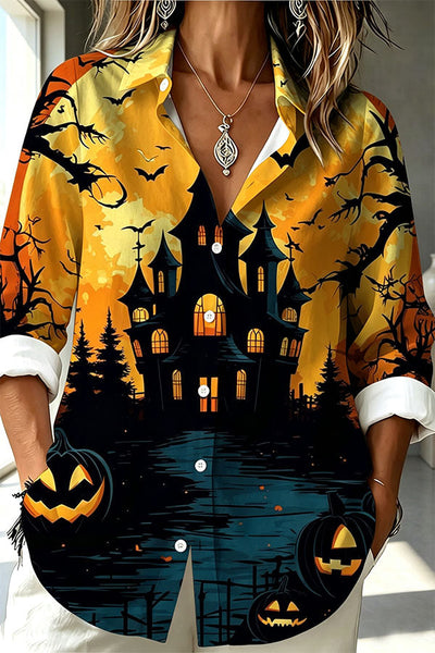 Halloween Haunted Castle & Bats Button-Up Shirt