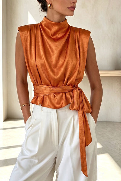 L'Aura Padded-Shoulder Wrap-Around Satin Top