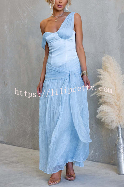 Zariyah Satin Bodice Asymmetric Neck Tie-up Waist Chiffon Hem Maxi Dress