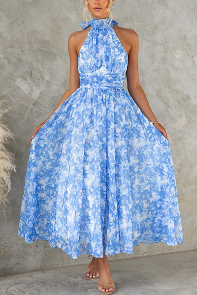 Eternal Bloom Chiffon Floral Print Halter Tie High Neck Maxi Dress