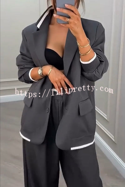 Fashion Sports Style Ribbed Colorblock Lapel Blazer and Elastic Waist Pocket Loose Pants Set