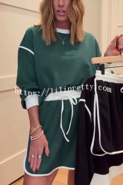 Fashion Round Neck Long Sleeve Spliced Casual Top and Elastic Waist Loose Shorts Set