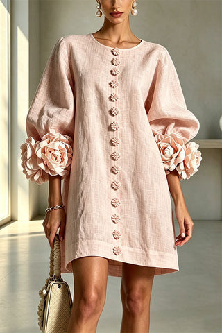 Rima Linen Blend Flowers Button Down Floral Cuffs Half Sleeve Mini Dress