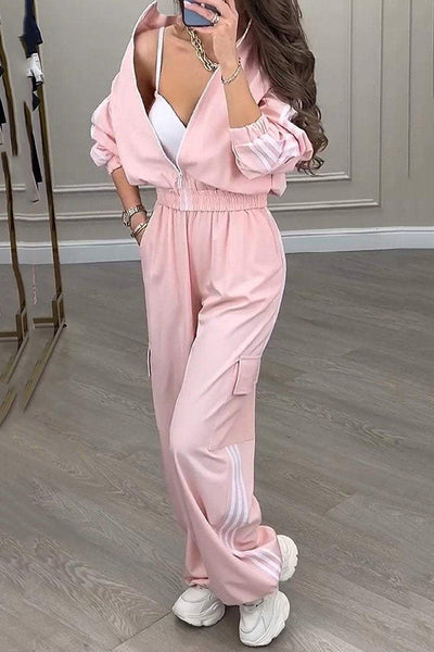 Fashion Loose Long Sleeve Zipper Top and Elastic Waist Pocket Casual Pants Set