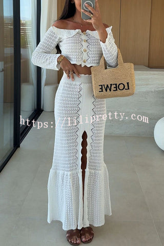 Fashion Knitted Off-the-shoulder Long-sleeved Top and Elastic Slit Maxi Skirt Set
