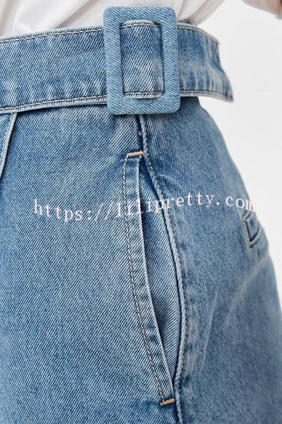 Fall for That Denim Faux Wrap Buckle Tie Pocketed Mini Shorts