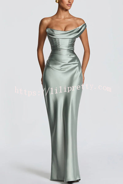 Thalassa Satin One Shoulder Scooped Neck Bias Cut Pleated Maxi Dress