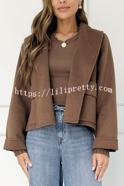 Comfortable Season Shawl Collar Open-front Long Sleeve Flap Pockets Crop Coat