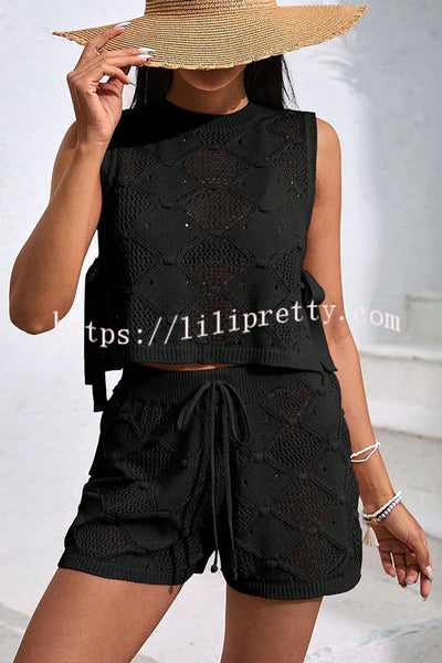 Solid Color Sleeveless Tie Knitted Vest and Loose Elastic Waist Drawstring Shorts Set