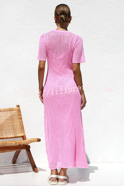 Sunkissed Shores Crochet Knit Short Sleeve Lightweight Maxi Dress(separate Slip)