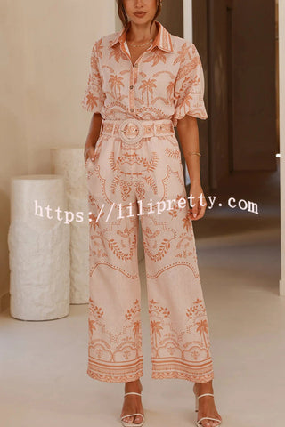 Linen Blend Lapel Puff Sleeve Loose Shirt and Casual Pocket Straight Pants Set