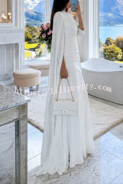 Luxury Cape Sleeve V-Neck Pleated Maxi Dress