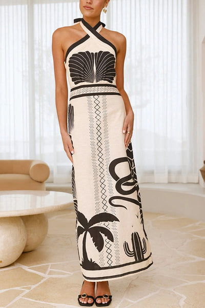 Shell Print Holiday Style Halter Neck Maxi Dress