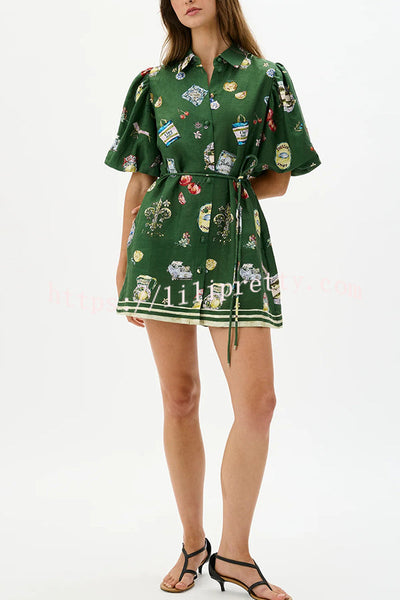 Linen Blend Unique Print Puff Sleeve Casual Mini Dress