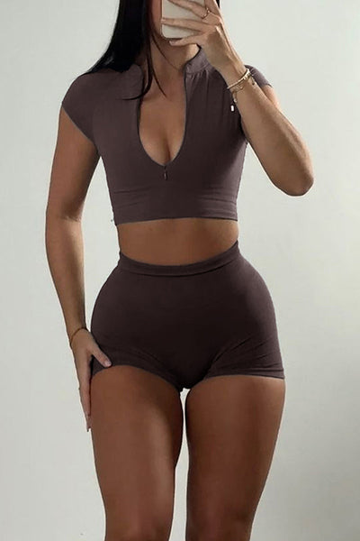 Fashionable Sports Yoga Style V-neck Crop Top and Stretch Slim Shorts Set