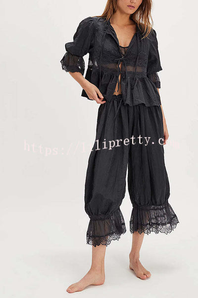Pastoral Style Elastic Waist Lace Hem Bloomer Pants