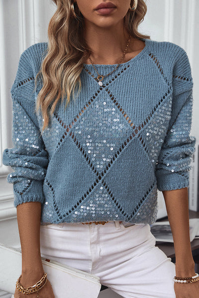 Fashionable Hollow Sequined Loose Rhombus Knitted Sweater